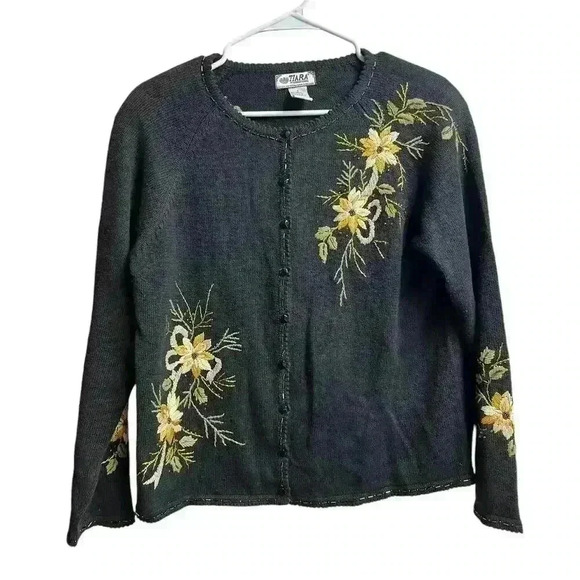 Tiara International Sweater Cardigan Small Black Embroidery Beaded - Picture 1 of 13